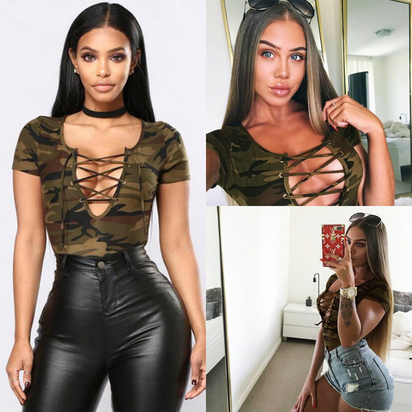 Newest Short Sleeve T Shirt Women Summer Camo Sexy Criss Cross Chest Casual Elastic Jumpsuits T Shirts In Stock