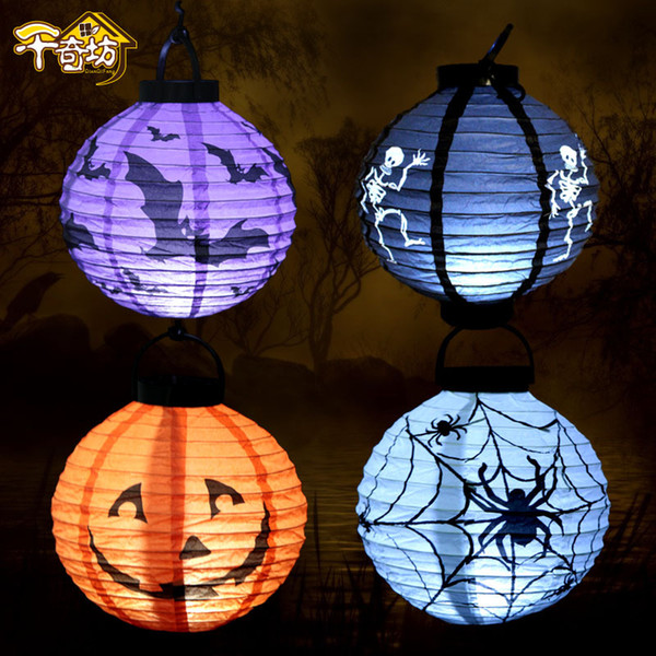 Halloween Pumpkin LED Lights Lamp Paper Lantern Spiders Bats Skull Pattern Decoration Supplies Bulbs Ballons Lamps For Halloween CPA928