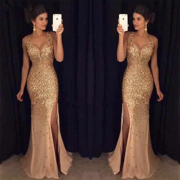 Sexy Party Dresses 2017 New Golden Mermaid Slit Side Evening Dresses Sheer Neck Sleeveless Shinning Sweep Train Evening Gowns